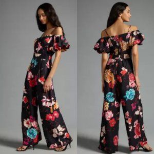 Anthropologie Ranna Gill Off-The-Shoulder Jumpsuit NWT in Black Floral Large